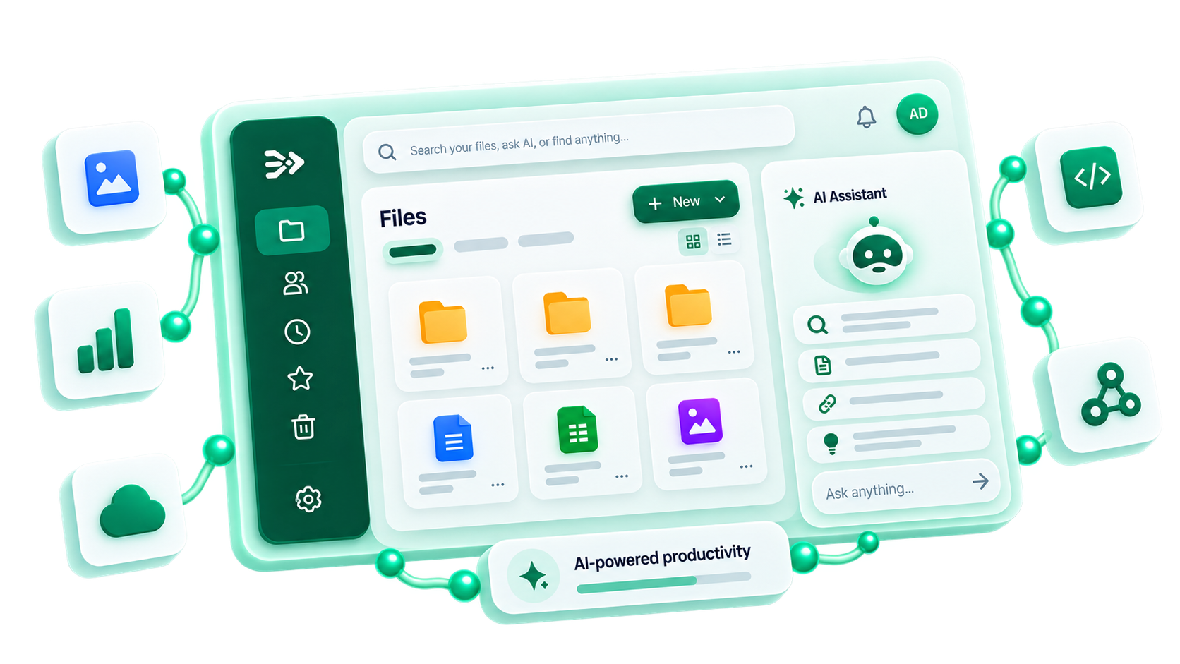 Illustration of the PAFworks workspace: files, AI assistant and connected apps
