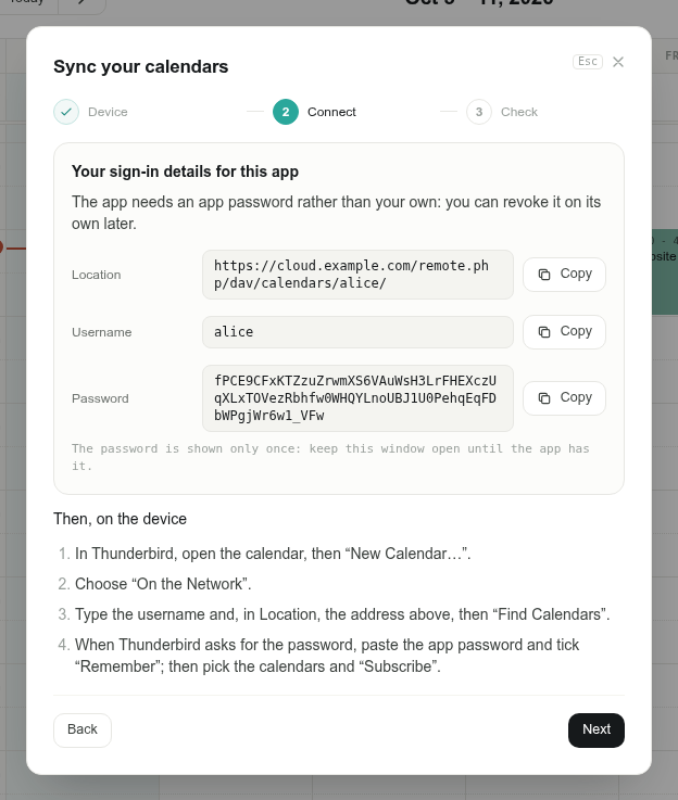 The calendars guide: location, username and app password for Thunderbird