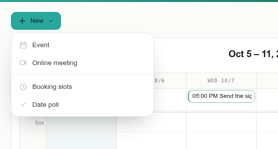 The New menu of the calendar