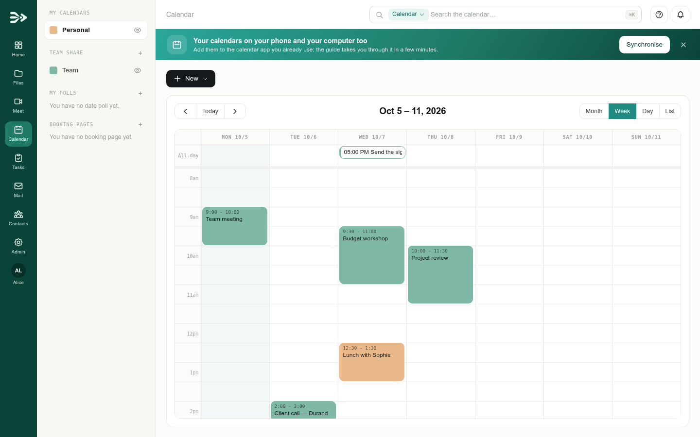 The week view of the PAFworks calendar