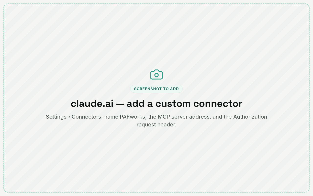 claude.ai: adding the PAFworks custom connector with its Authorization header