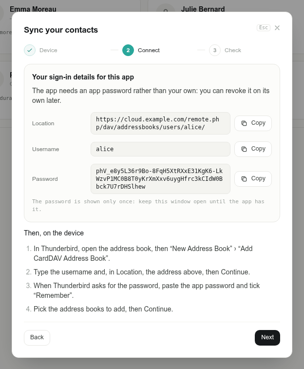 The contacts guide: location, username and app password for Thunderbird