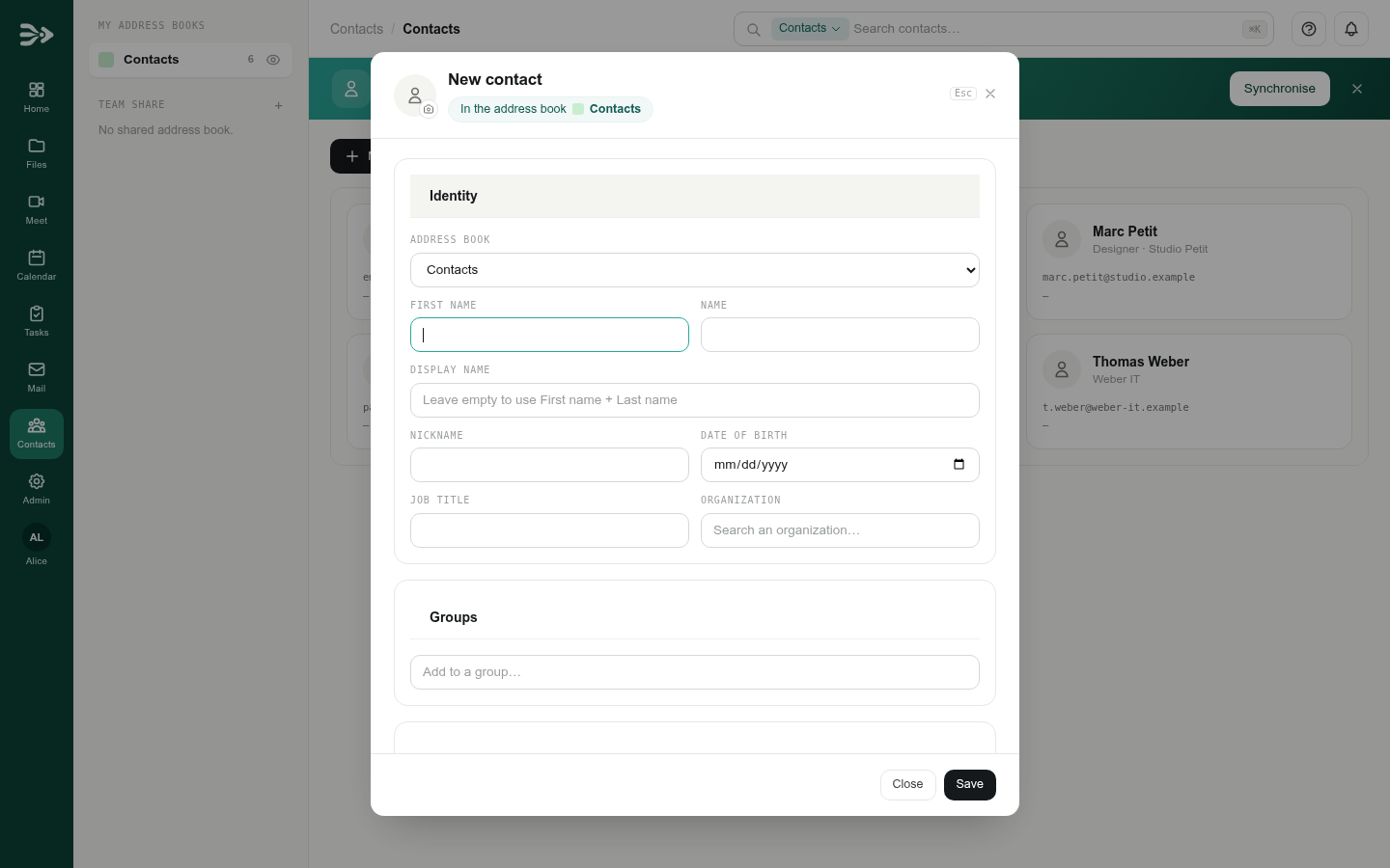 The form of a new contact