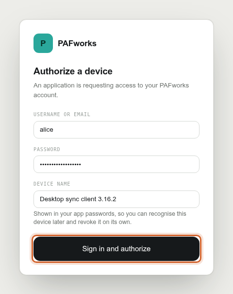 The Authorize a device page with username, password and device name