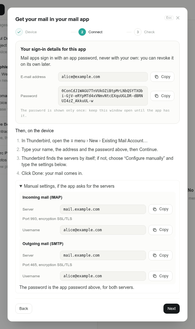 The mail guide: e-mail address, app password and manual settings