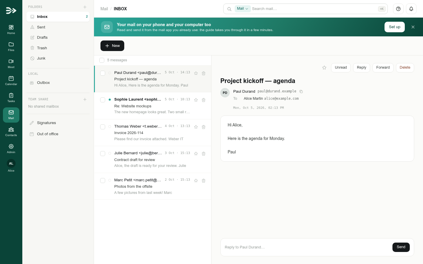 The Mail app of PAFworks: folders, message list and an open message
