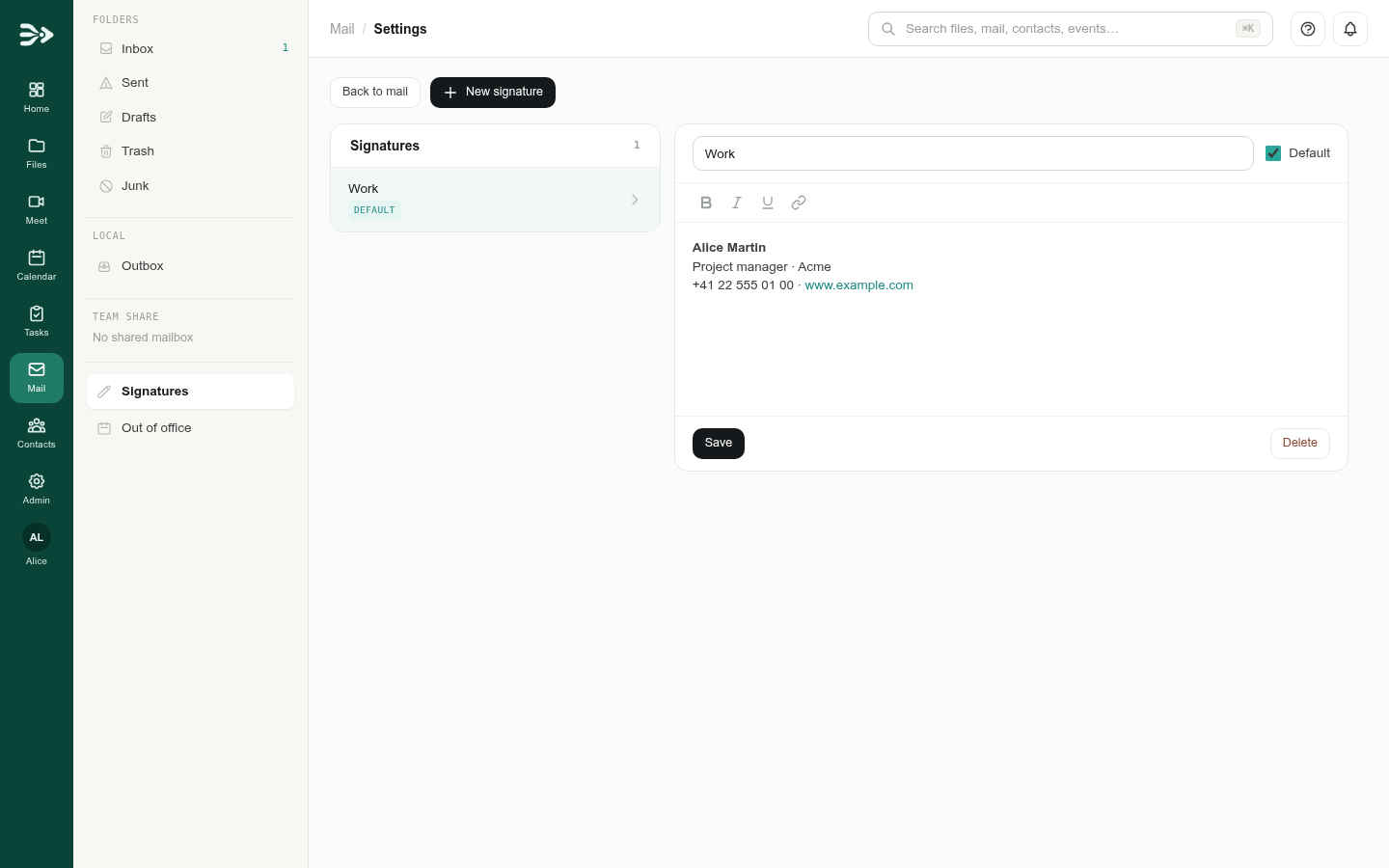 The signatures and out-of-office settings of the Mail app