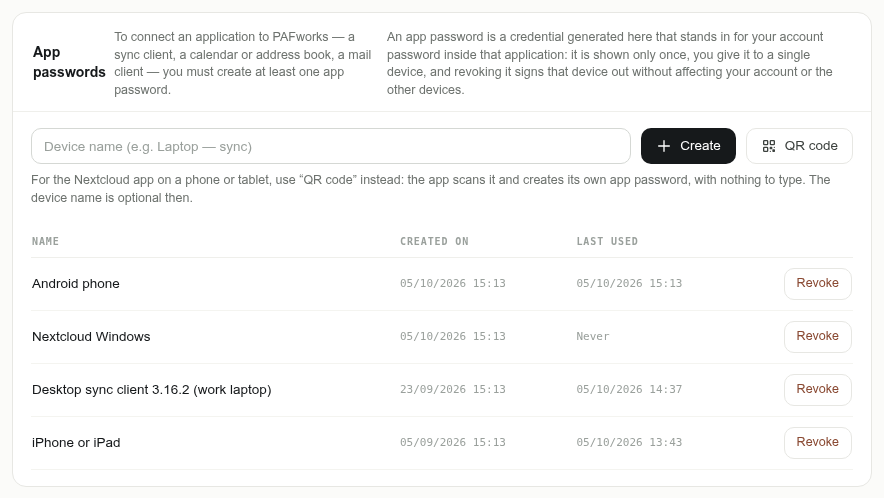 The App passwords list of PAFworks, with the desktop client