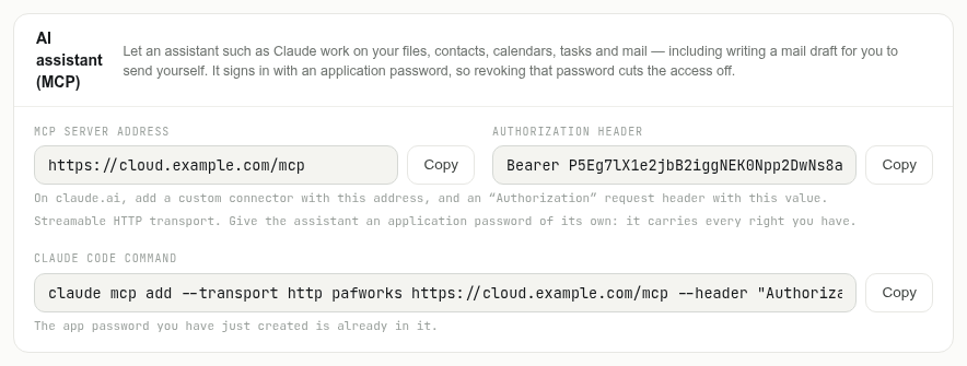 The AI assistant (MCP) panel: server address and Authorization header side by side, Claude Code command below