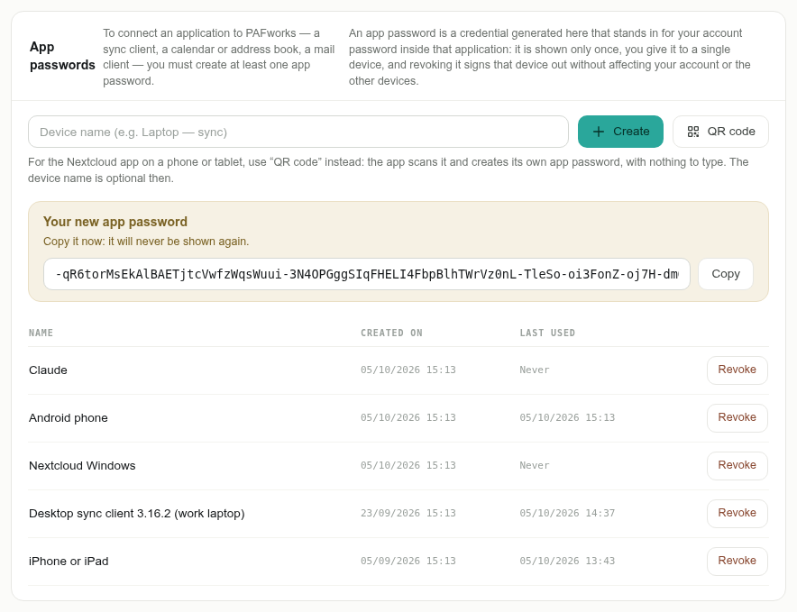 A new app password named Claude in Devices and sync
