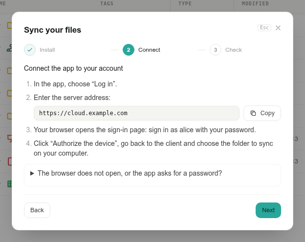 Step 2 of the sync guide: the server address to type in the client