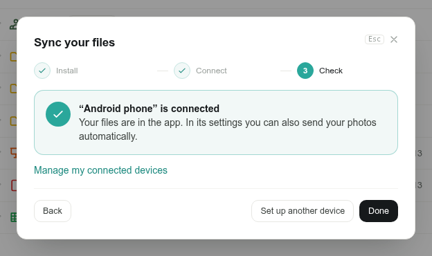 Step 3 of the sync guide: the device is connected
