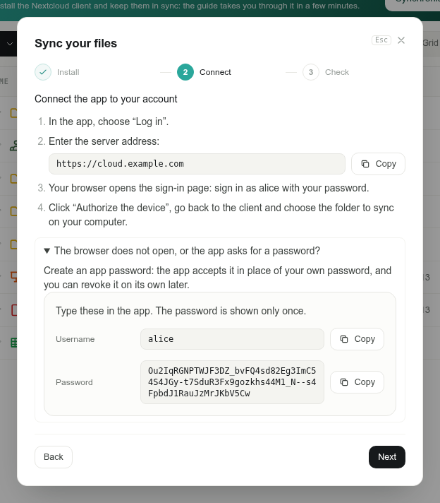 The sync guide showing a username and a newly created app password