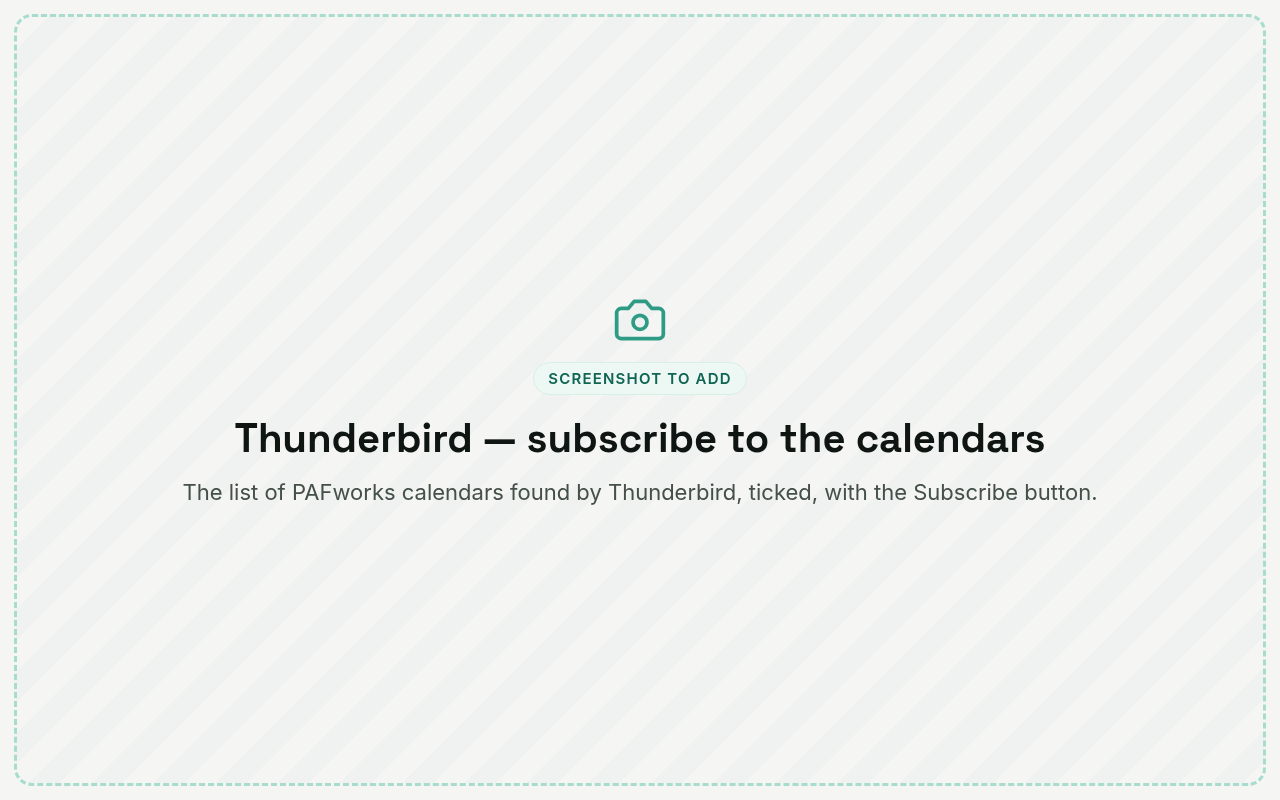 Thunderbird: the PAFworks calendars found, ready to subscribe