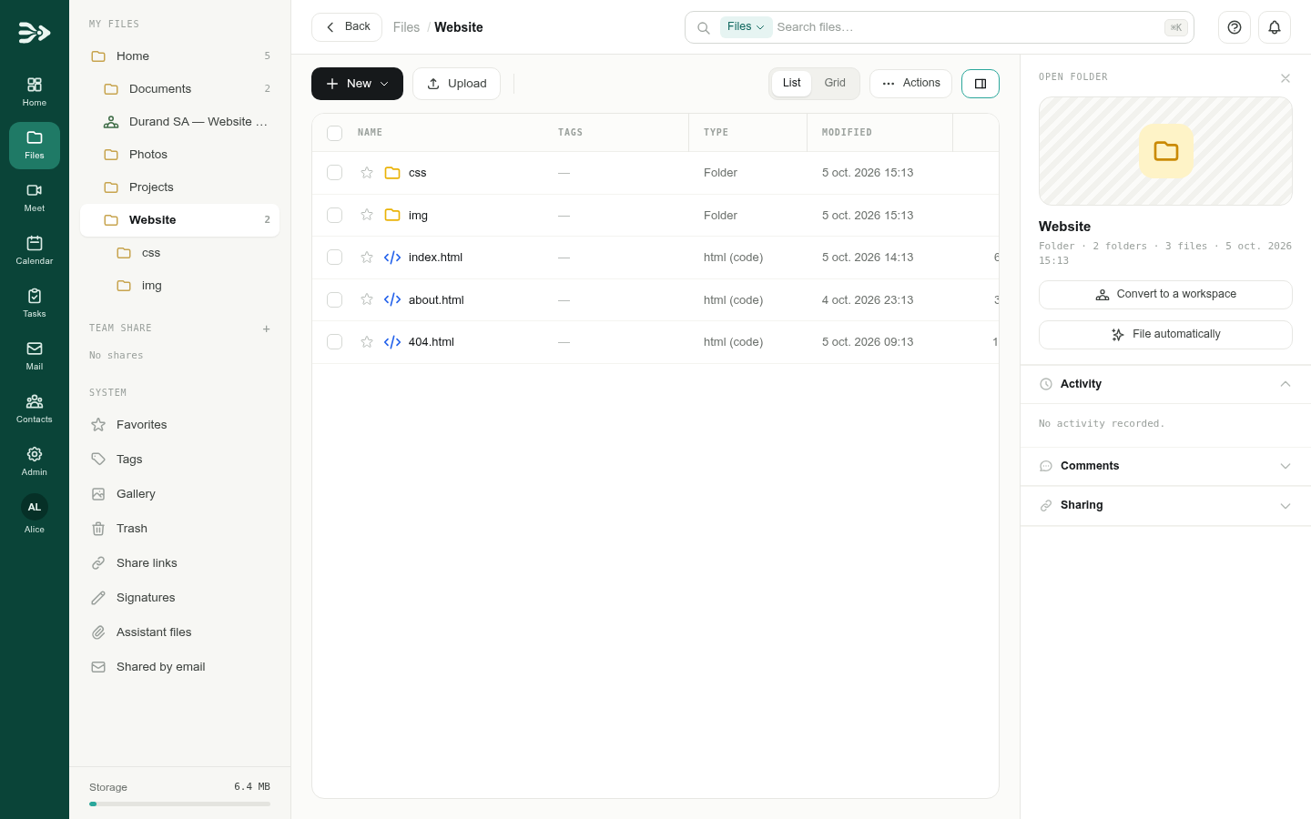 The Website folder in PAFworks Files, with index.html, about.html, 404.html, css and img