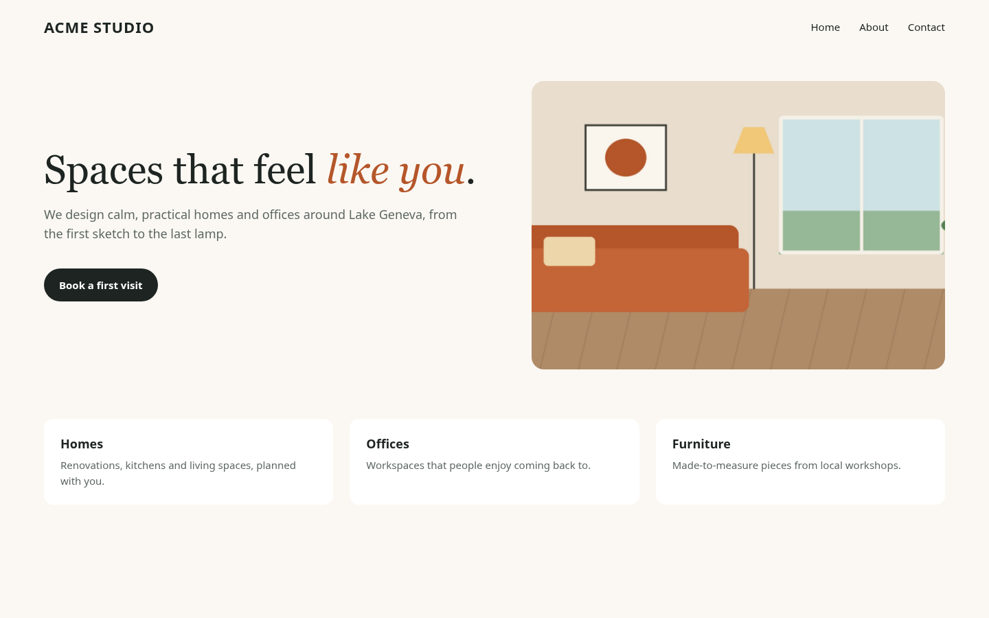 The published website in a browser