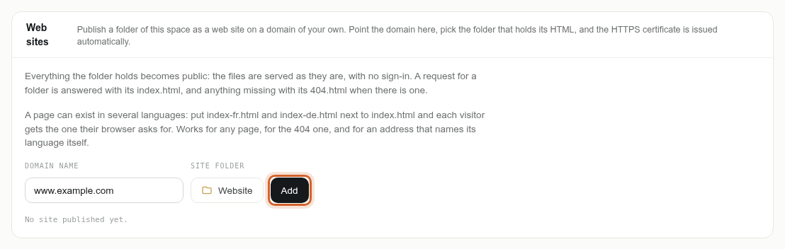 The domain name and the folder of the site, ready to add