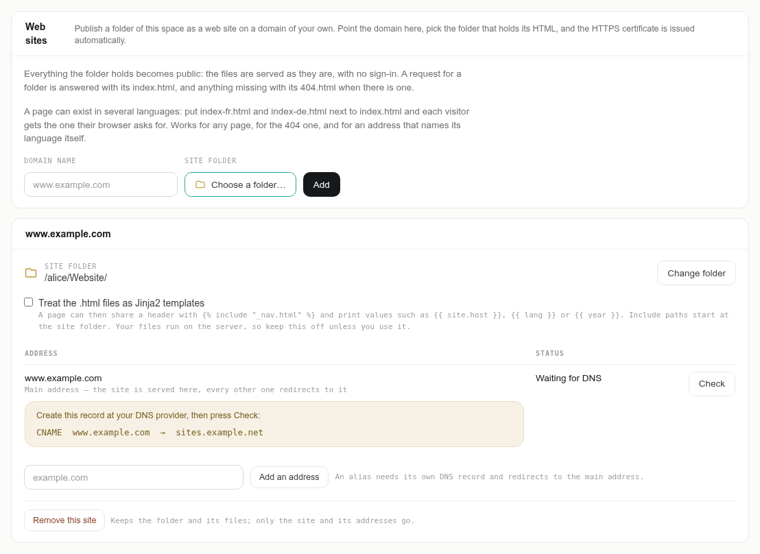 The site waiting for DNS, with the CNAME record to create