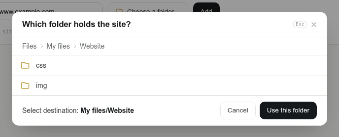 Choosing the folder that holds the site