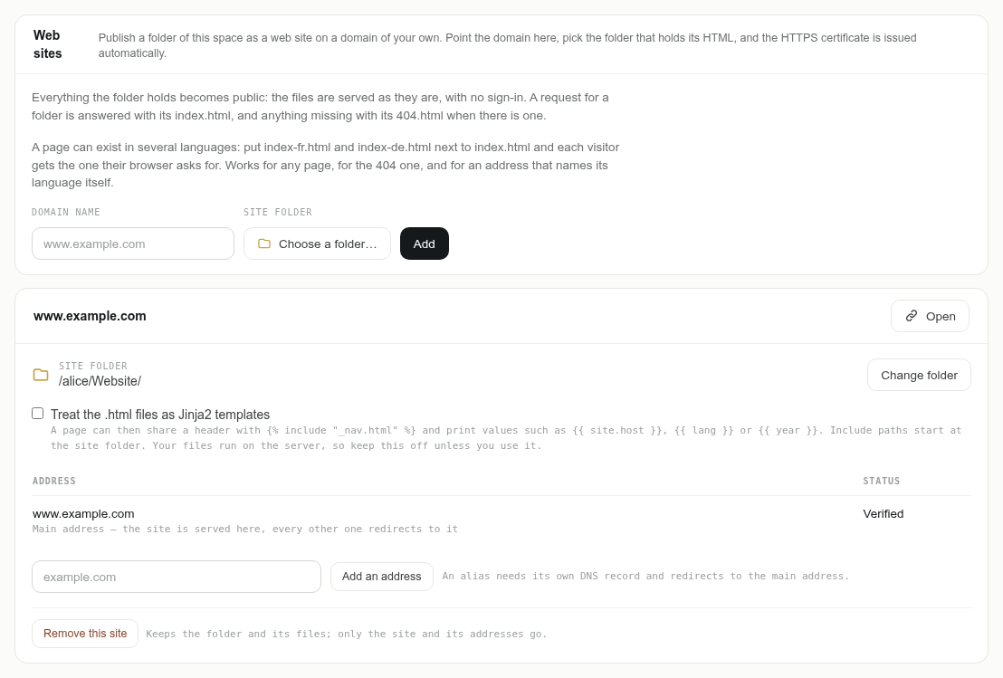 The site verified, with its Open link