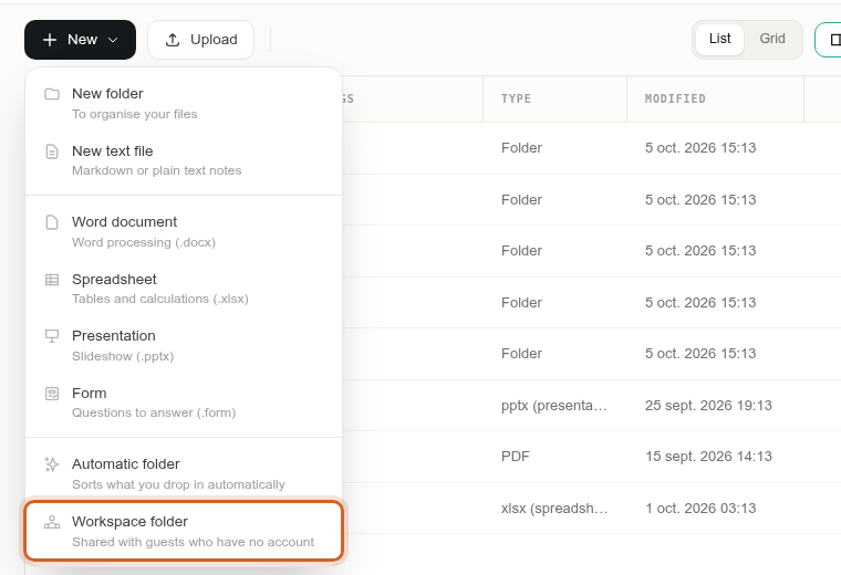 The New menu of Files with Workspace folder