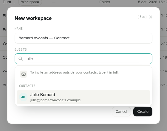 Searching a contact to invite in the New workspace window