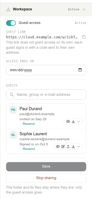 The Workspace section of the details panel
