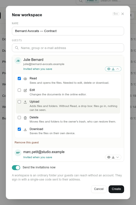 The rights of a guest: Read, Edit, Upload, Delete, Download